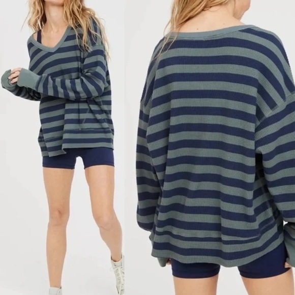 aerie Sweaters - Aerie Offline Striped Ribbed Knit Top in Slate Gray & Navy large